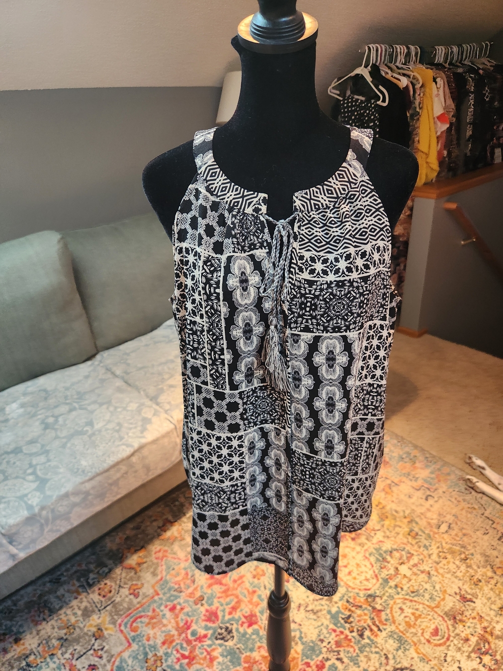Rose & Olive Black and White Patchwork Halter Camisole Medium Cute